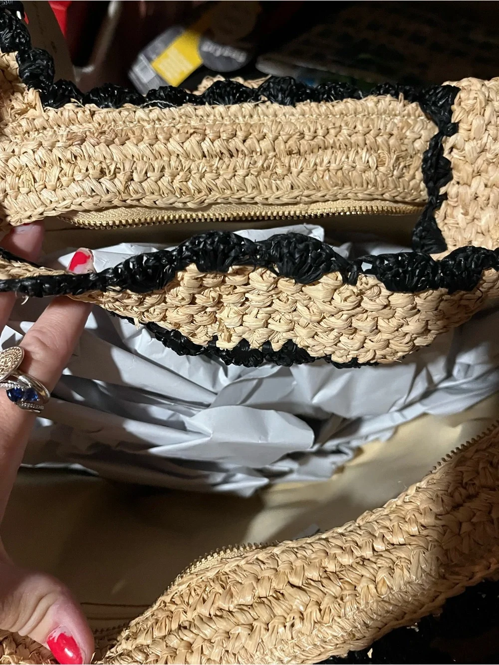 kate spade Natural Straw Tote with Black Trim and Bow Detail